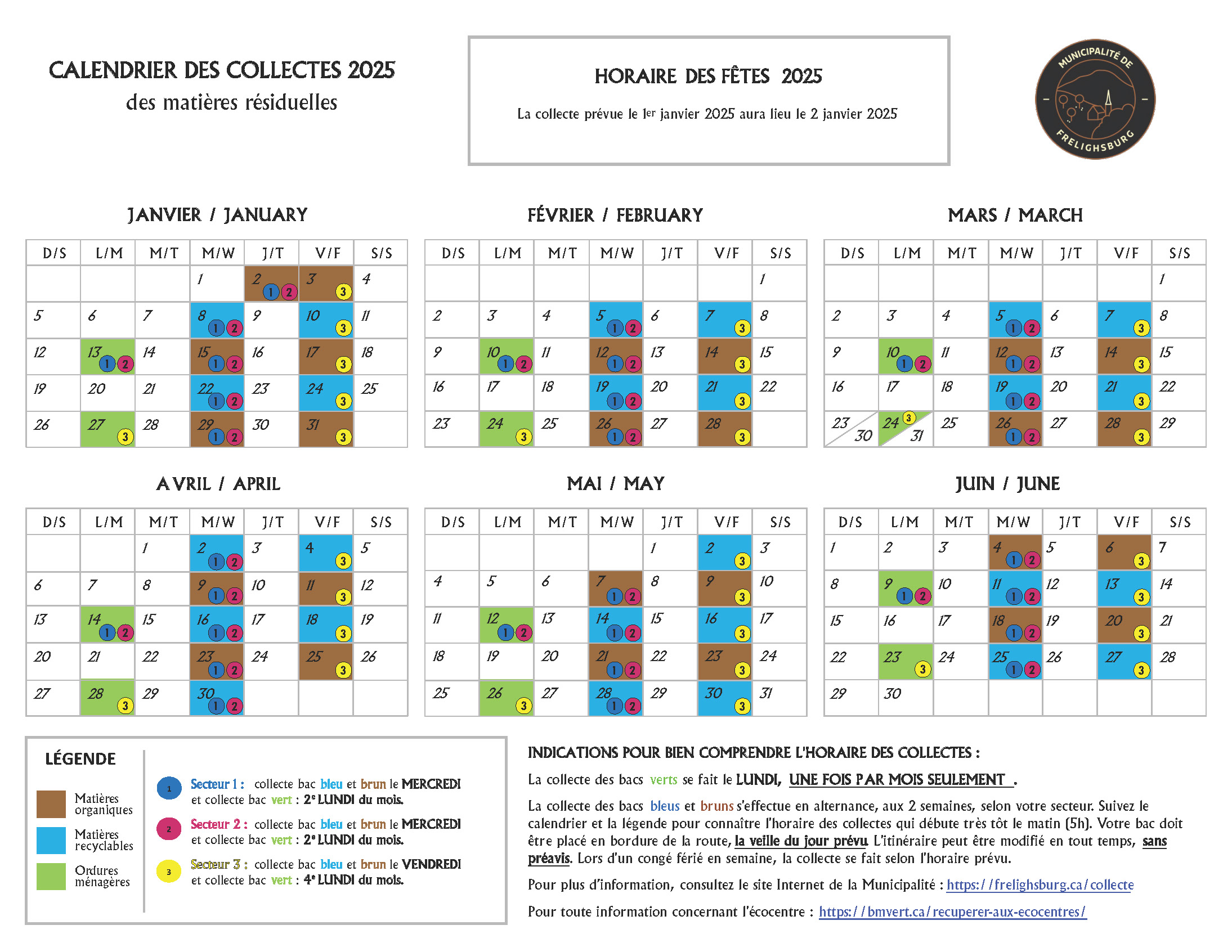 Calendrier des collectes de matières résiduelles 2025